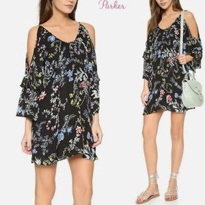 NWT Parker Black Blue Woodland Floral Printed Cold Shoulder Agave Mini Dress L